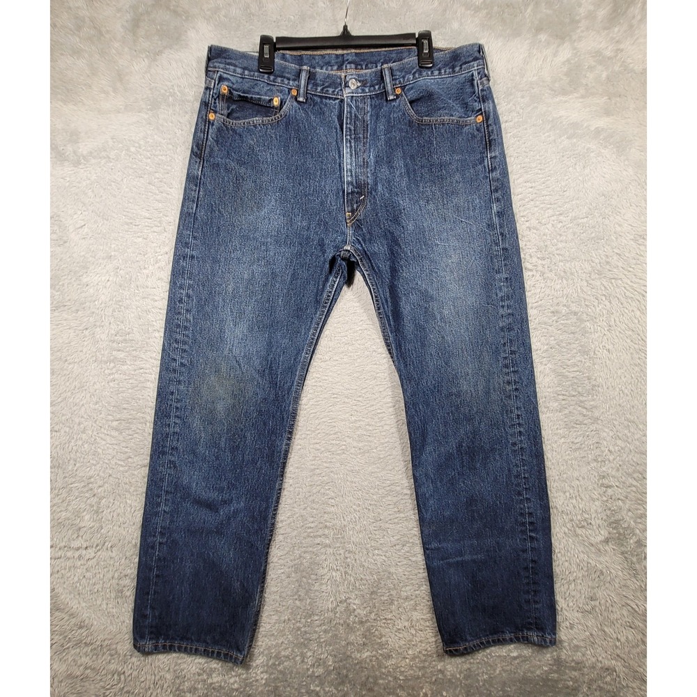 Levis 505 Regular Fit Jeans Mens 38x32 Dark Indigo Blue Straight Leg Denim